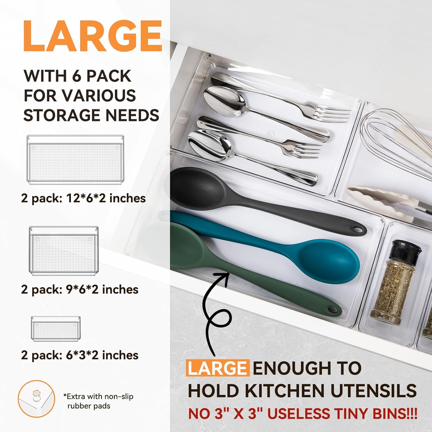 6 Pack Large Clear Plastic Drawer Organizer Trays, Acrylic Kitchen Drawer Organization and Storage Dividers, Non-Slip Storage Bins for Makeup, Kitchen Utensils, Bathroom, Jewelries and Office Desk - Image 2