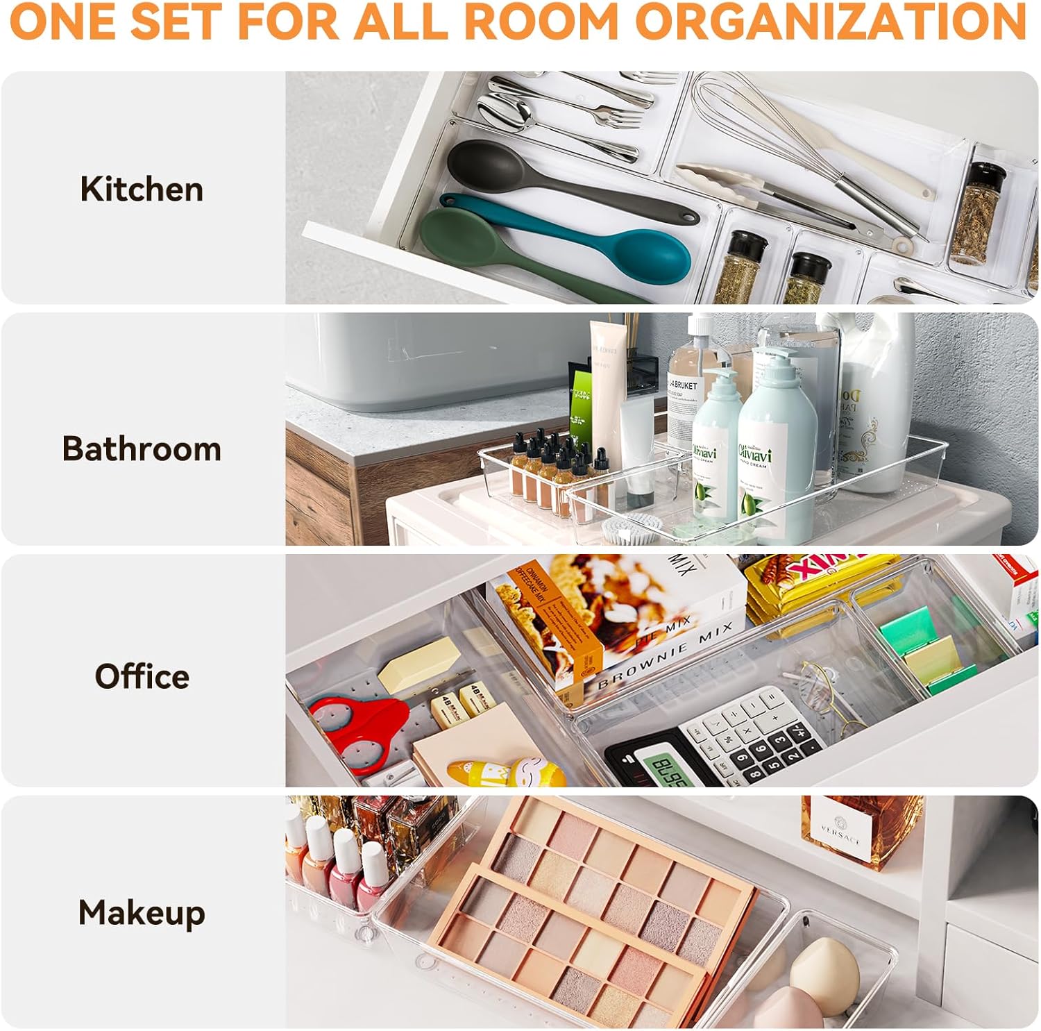 6 Pack Large Clear Plastic Drawer Organizer Trays, Acrylic Kitchen Drawer Organization and Storage Dividers, Non-Slip Storage Bins for Makeup, Kitchen Utensils, Bathroom, Jewelries and Office Desk - Image 3
