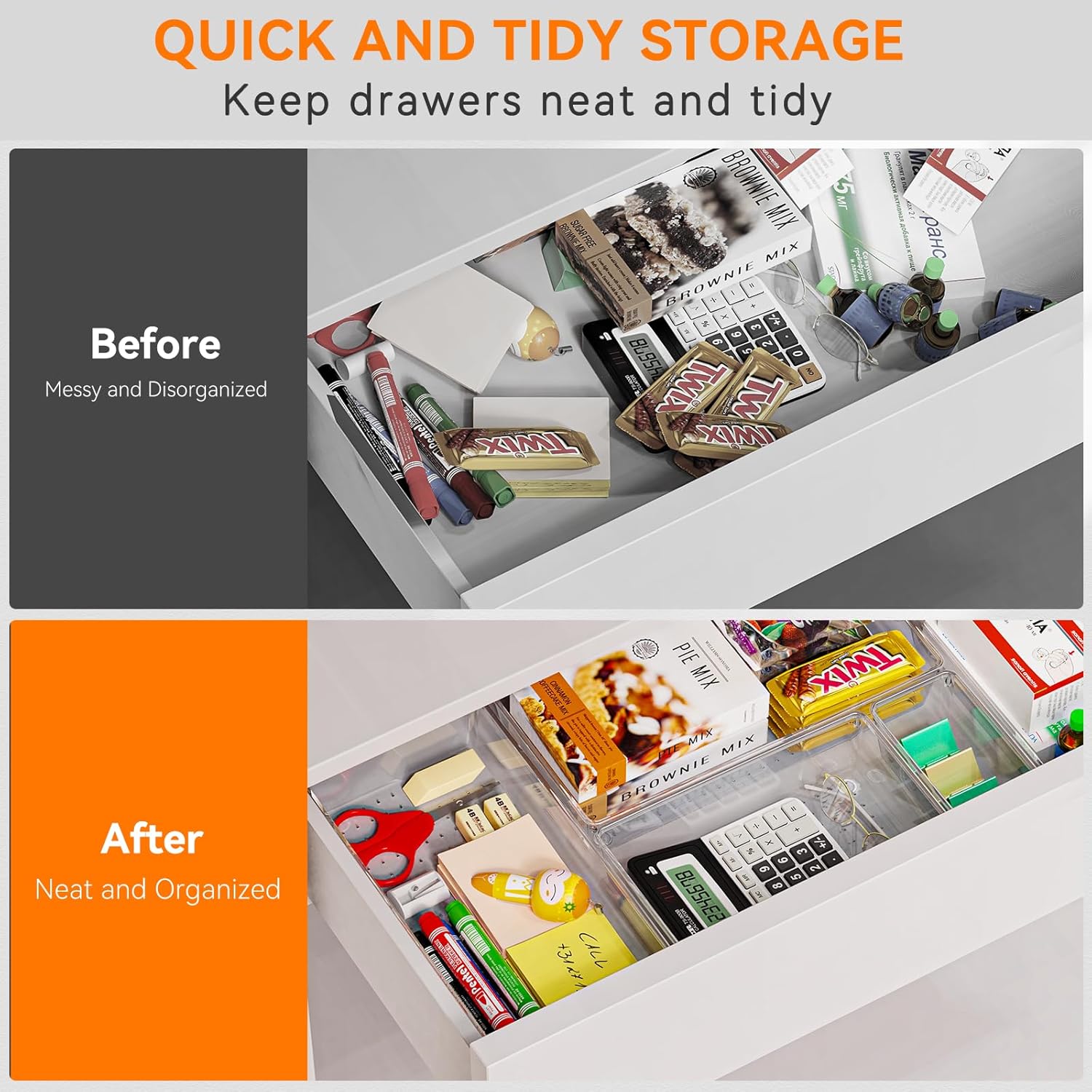 6 Pack Large Clear Plastic Drawer Organizer Trays, Acrylic Kitchen Drawer Organization and Storage Dividers, Non-Slip Storage Bins for Makeup, Kitchen Utensils, Bathroom, Jewelries and Office Desk - Image 6