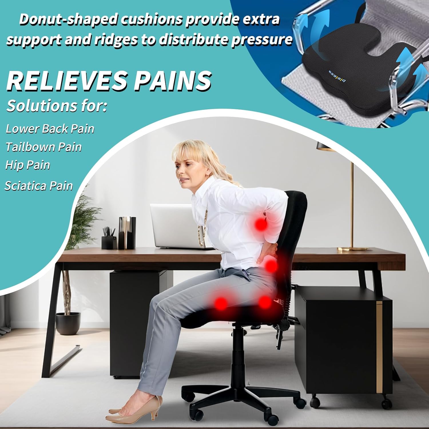 Orthopedic Seat Cushion for Butt, Hip & Sciatica Pain Relief - Pressure Relief Support Pillow for Sitting, Airplane, Office & Car - Ergonomic Back Comfort Design - Image 3